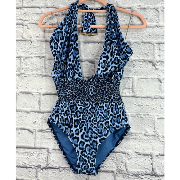 MICHAEL KORS Printed Cross-Front Cut-Out One Piece Halter Swimsuit Size 4 NWT - Picture 3 of 4
